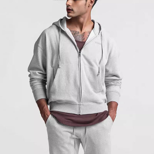 Men's sports hoodie fitness with zipper sweat-absorbing quick-drying loose solid color warm hoodie large size M-3XL