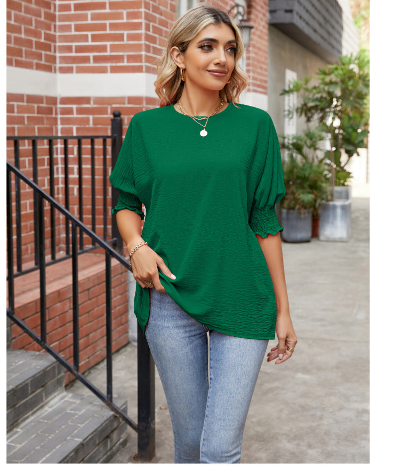 Women's Loose Plus Size Solid Color Pleated Crew Neck Top Summer New