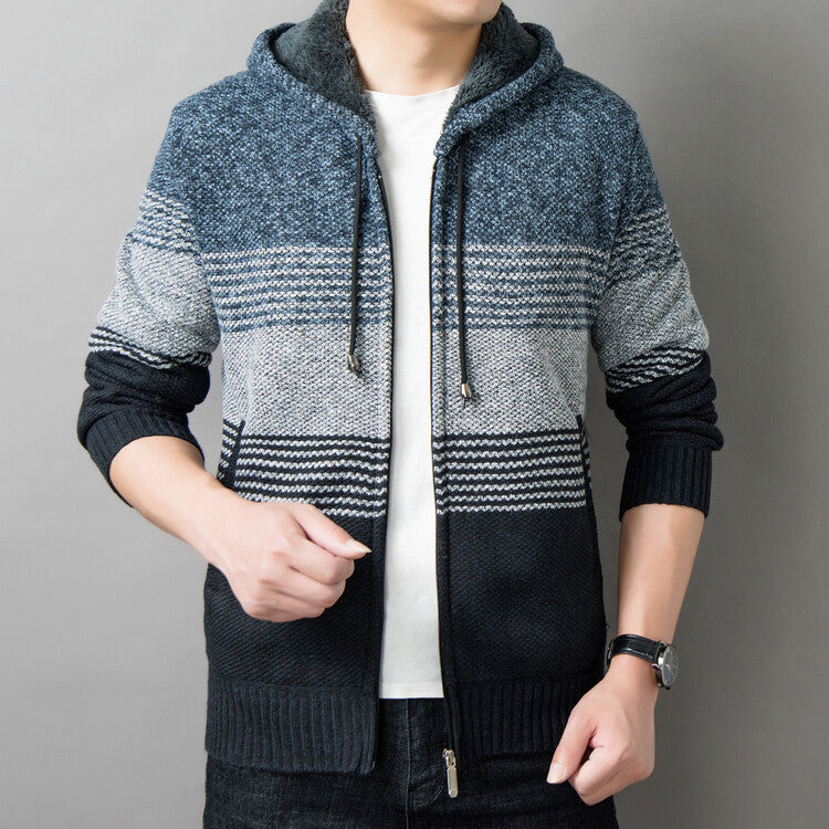 Men's knitted sweater with hood and zipper cardigan, stand-up collar, plaid, thick and warm, M-3XL