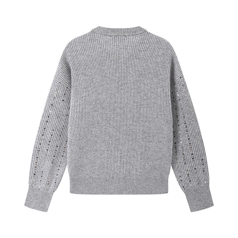 Women's Knit Sweater Gray Round Neck Long Sleeve Beaded Wool Pullover Sweater