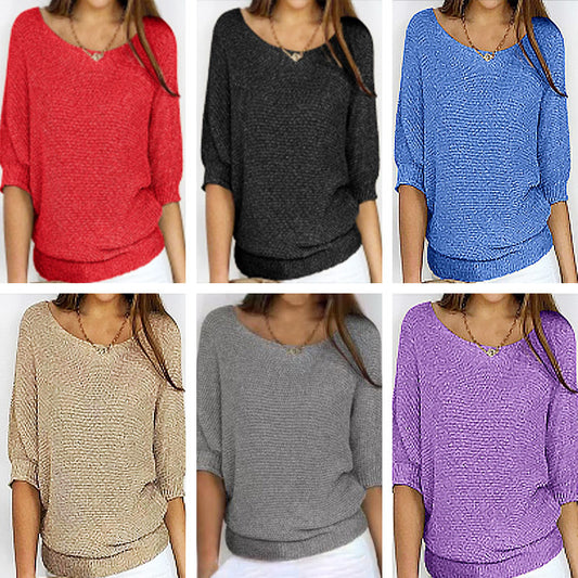 Women's Solid Color Crew Neck Knit Top – Elegant 3/4 Sleeve Blouse for Work & Casual Wear