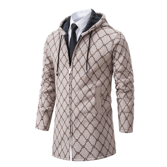 Men's Knitted Sweaters Hooded Elongated Fashionable Fleece Zipper Cardigan Casual Thickened