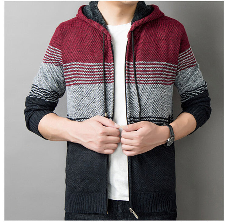 Men's knitted sweater with hood and zipper cardigan, stand-up collar, plaid, thick and warm, M-3XL