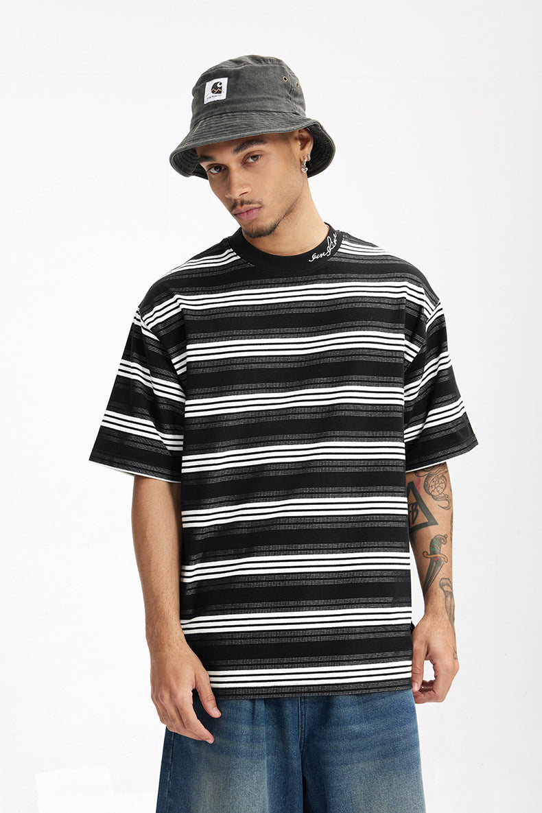 Men's T-shirt Fine Woven Plaid Striped Spring and Summer New Street Casual Loose Embroidered Men's Short Sleeve