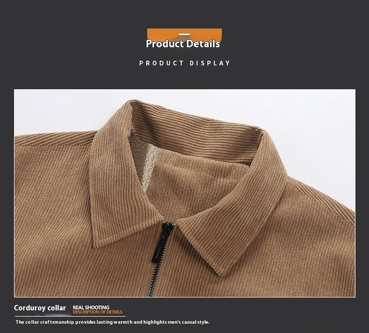 Fall/Winter New Men's Jacket Corduroy Polo Collar Solid Color Casual Middle-Aged Fleece Lined Thick Warm Jacket