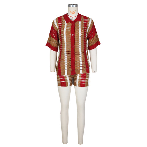 Women's Knitted Sweater Suit Sexy Lady Hollow out See-through Contrast Color Lapels