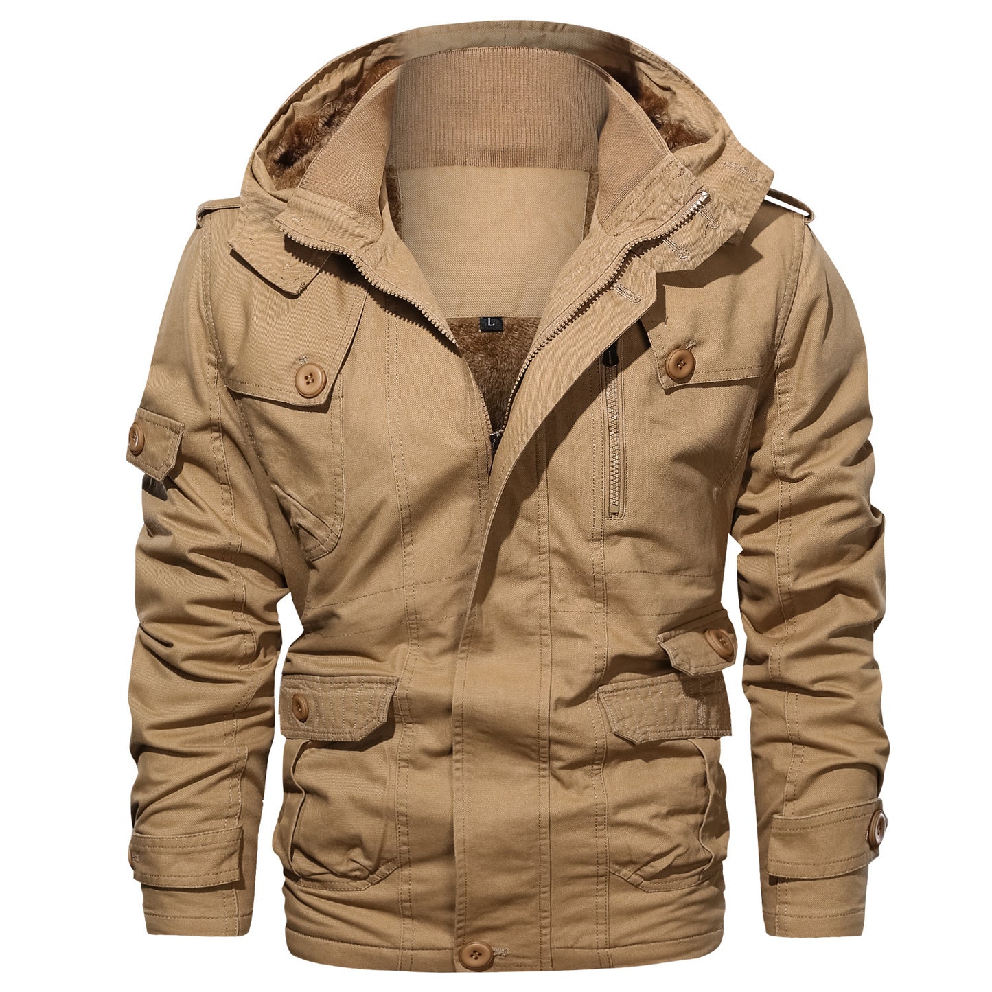 Outdoor Trendy Plus Size Men's Jacket Military Cotton Coat Fleece Lined Thickened Fashion Multi-Pocket Badge