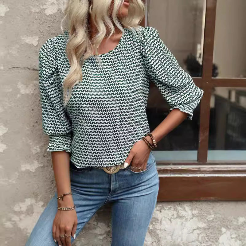 Women's Houndstooth Print Round Neck Pullover Blouse, Mid-Sleeve Top with Ruched Cuffs, Elegant Casual Loose Fit Shirt