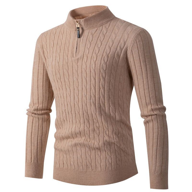 Men's knitted sweater half zip solid color stand collar plaid thick warm M-3XL