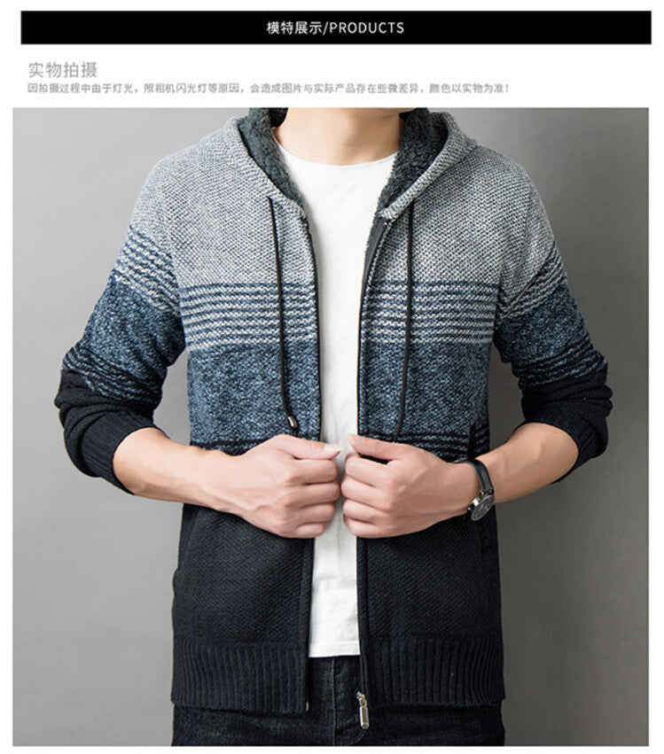 Men's knitted sweater with hood and zipper cardigan, stand-up collar, plaid, thick and warm, M-3XL