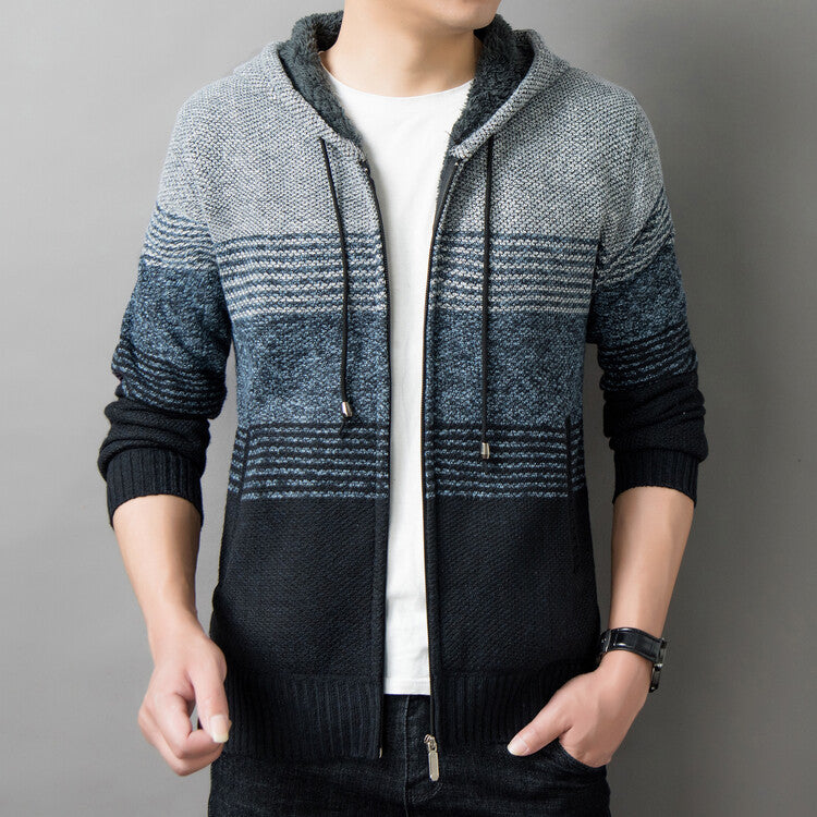 Men's knitted sweater with hood and zipper cardigan, stand-up collar, plaid, thick and warm, M-3XL