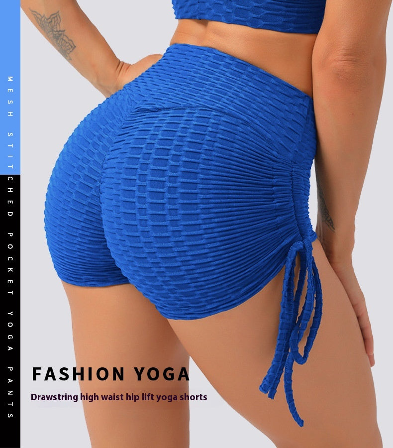 Europe and America Cross Border Yoga Shorts Bubble Drawstring Shorts High Waist Sexy Hip Sports Yoga Pants Fitness Shorts