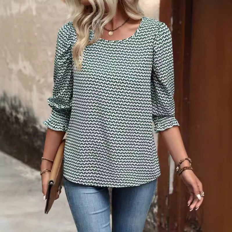 Women's Houndstooth Print Round Neck Pullover Blouse, Mid-Sleeve Top with Ruched Cuffs, Elegant Casual Loose Fit Shirt