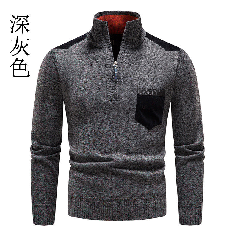 Men's knitted sweater with hood and half zipper cardigan, stand-up collar, plaid, thick and warm, M-3XL