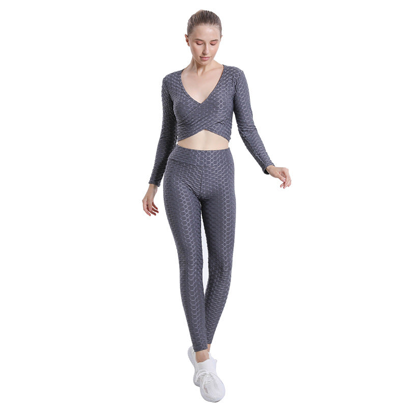 Leggings for women jacquard bubble sexy cross long-sleeved top high waist workout trousers yoga clothes suit women