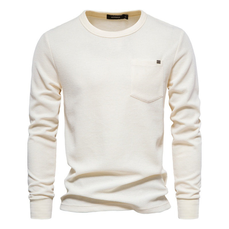 Men's Knitted Sweater Waffle Cotton Crew Neck Solid Color High Quality S-2XL