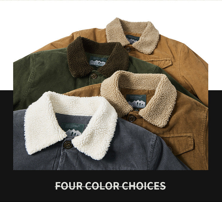 Men's Casual Jacket Corduroy Fur Collar Thermal and Windproof Fleece-lined Solid Color Button Design