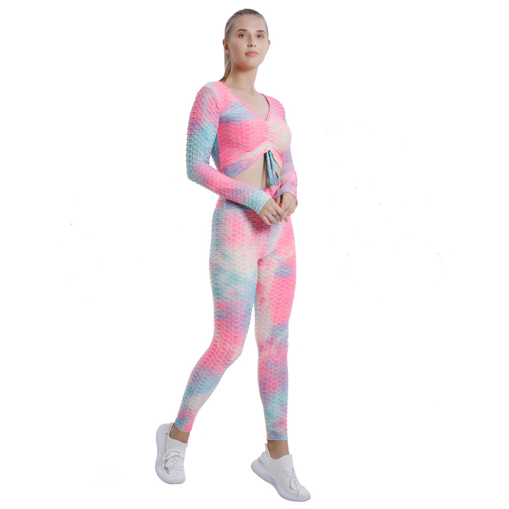 Leggings For Women Bubble Yoga Clothes Suit Women's Tie-Dyed Yoga Clothes High Waist Running Sports Fitness Clothes Long-Sleeved Trousers Two-Piece Suit