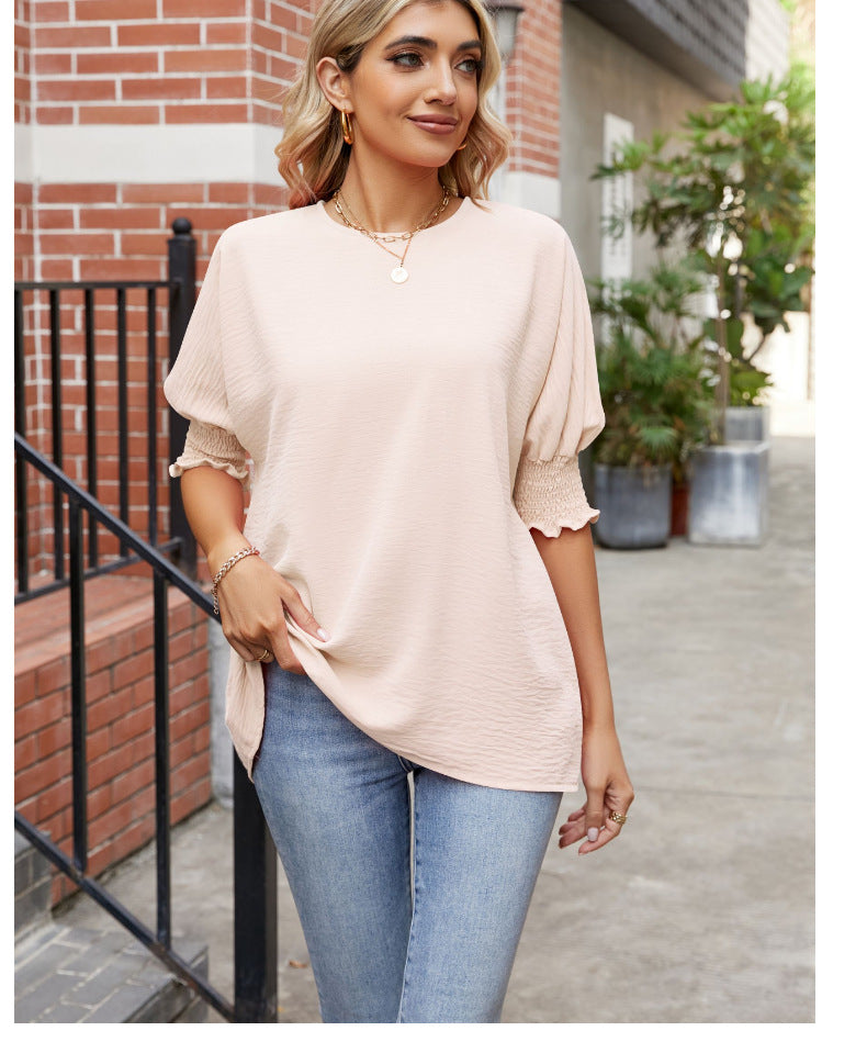 Women's Loose Plus Size Solid Color Pleated Crew Neck Top Summer New