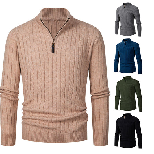 Men's knitted sweater half zip solid color stand collar plaid thick warm M-3XL