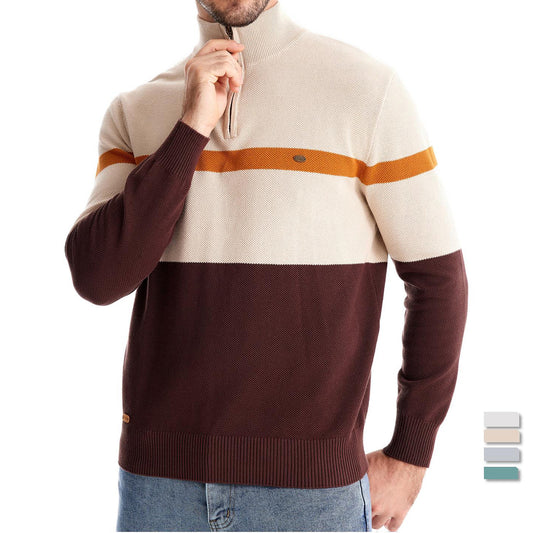 Men's Stand Collar Sweater Half Zip Cotton Colorblock Knit Sweater S-2XL