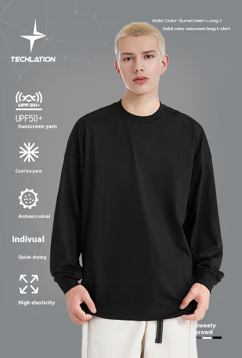 Men's T-shirt Mint Sun Protection Long T Spring and Summer New Five-in-One Technology Fabric Solid Color Men's Long Sleeve