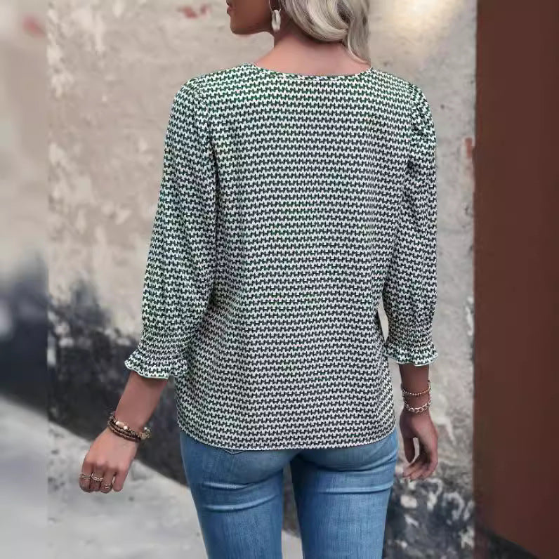 Women's Houndstooth Print Round Neck Pullover Blouse, Mid-Sleeve Top with Ruched Cuffs, Elegant Casual Loose Fit Shirt