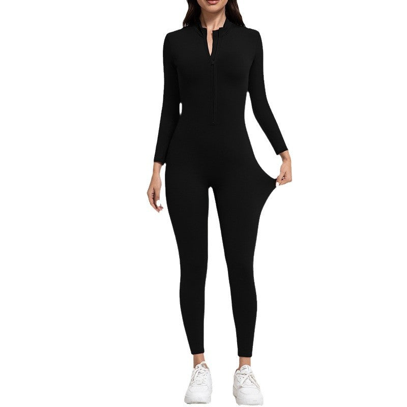 Yoga Pants Women Zipper Fleece-lined Yoga Jumpsuit High-Intensity Exercise Nude Feel Tights