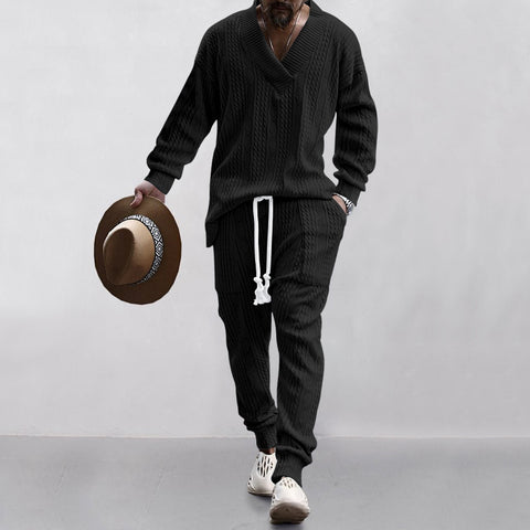 Men's Sweatshirt - New Casual Long Pants V-neck Versatile Jacquard Knit Sweater Autumn Set