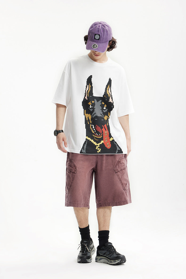 Men's T-shirt American Luminous Doberman Pinscher Printed Spring and Summer American Street Fashion Brand Loose Short Sleeve Men