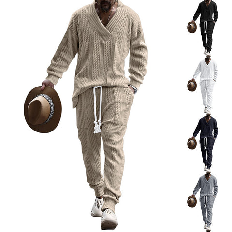 Men's Sweatshirt - New Casual Long Pants V-neck Versatile Jacquard Knit Sweater Autumn Set