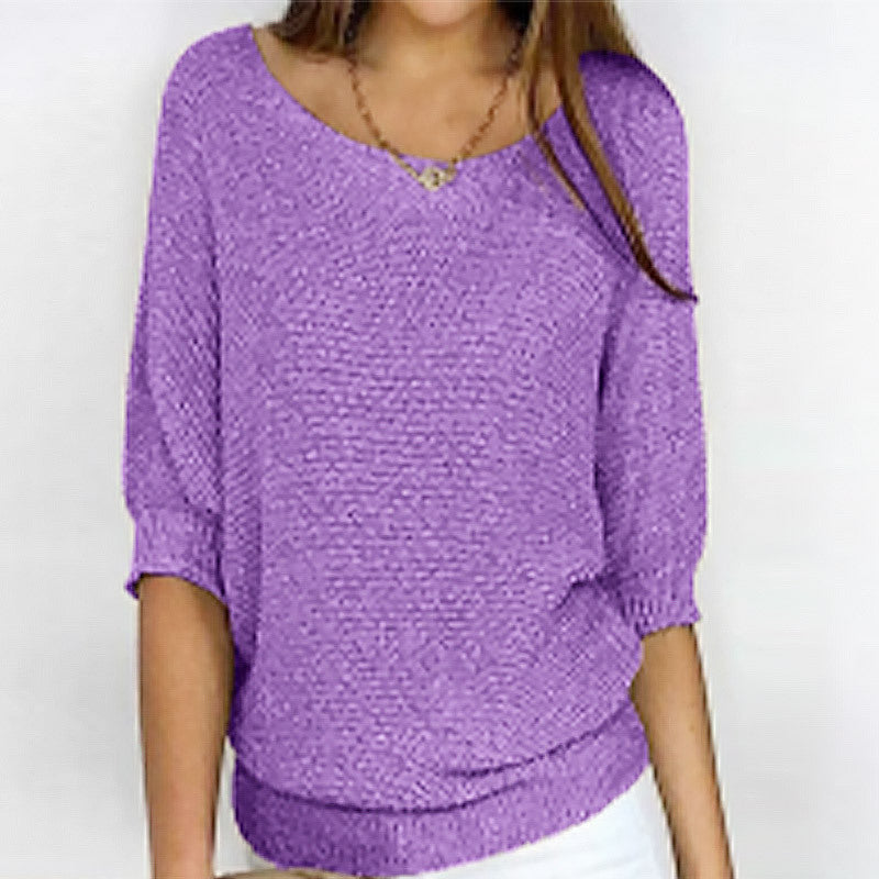 Women's Solid Color Crew Neck Knit Top – Elegant 3/4 Sleeve Blouse for Work & Casual Wear