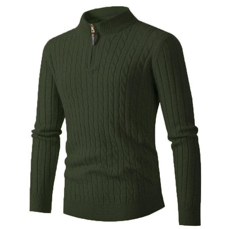 Men's knitted sweater half zip solid color stand collar plaid thick warm M-3XL