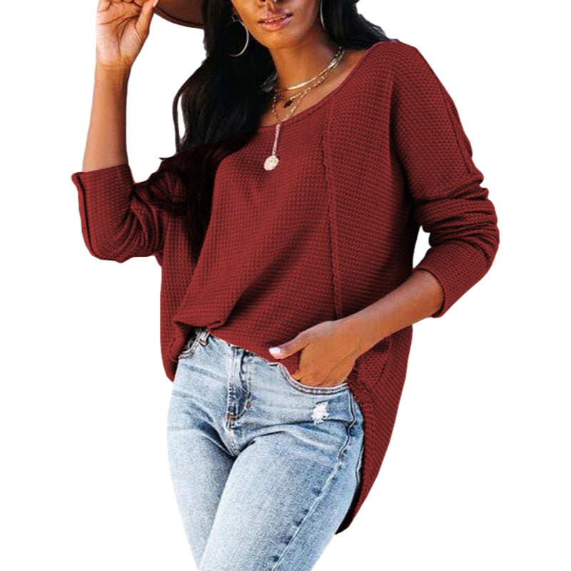 Women's Spring Summer Waffle Knit Crew Neck Patchwork Pullover Long Sleeve T-Shirt Casual Loose Top