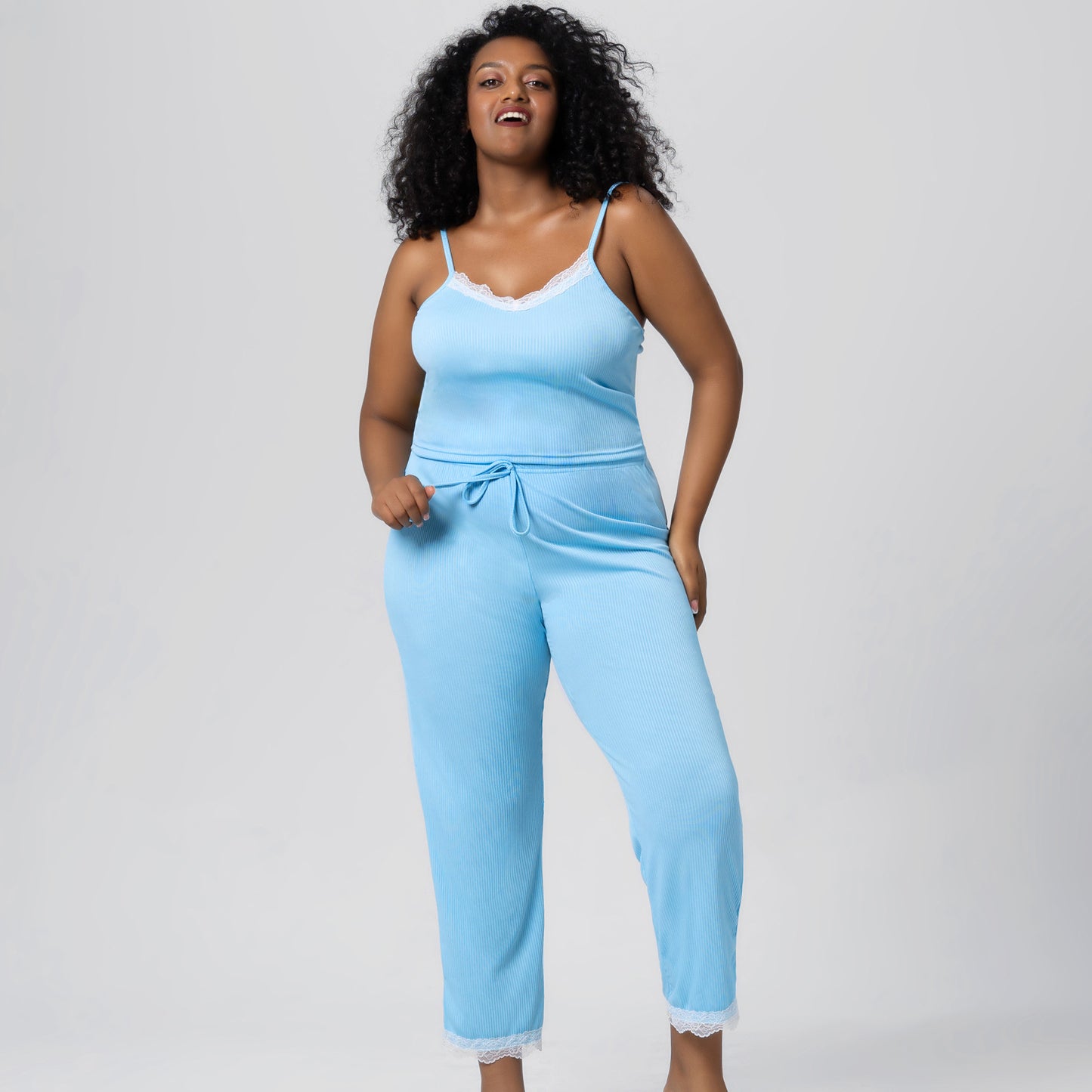 Slim Bodysuit for Women plus Size Female Summer Pajamas Pendant Cool Lace Trim Camisole Pajama Pants Home Wear Suit