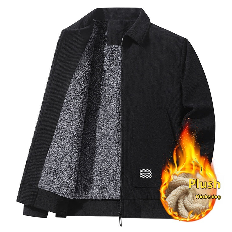 Fall/Winter New Men's Jacket Corduroy Polo Collar Solid Color Casual Middle-Aged Fleece Lined Thick Warm Jacket