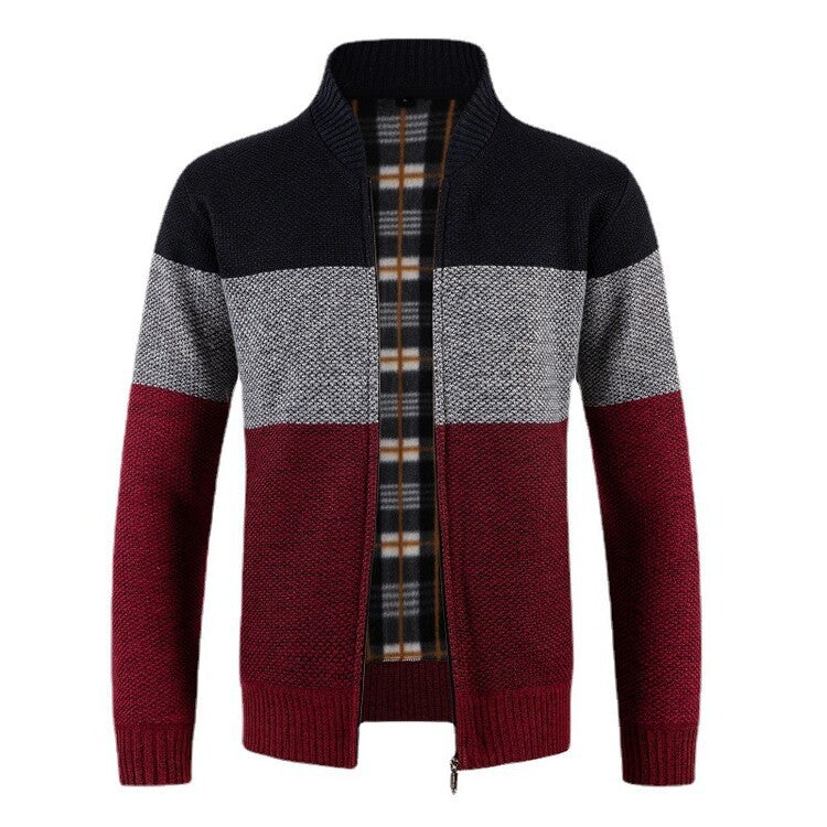 Men's knitted sweater zipper cardigan stand collar plaid thick warm M-3XL