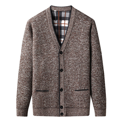 Men's Knitted fleece-lined Cardigan V-neck Knitted Sweater for Middle-aged and Elderly Business Casual Sweater