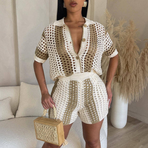 Women's Knitted Sweater Suit Sexy Lady Hollow out See-through Contrast Color Lapels