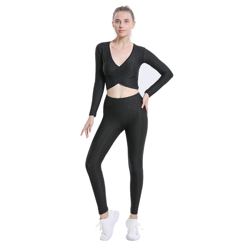 Leggings for women jacquard bubble sexy cross long-sleeved top high waist workout trousers yoga clothes suit women