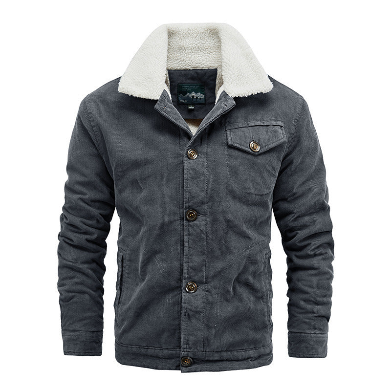 Men's Casual Jacket Corduroy Fur Collar Thermal and Windproof Fleece-lined Solid Color Button Design