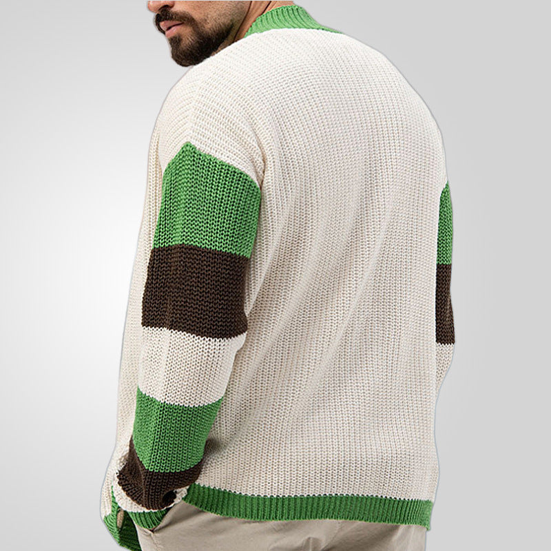 Men's Knitwear Green Edge V-neck Cardigan Loose Contrast Color Woolen Cardigan Coat Thickened Thick Needle Sweater