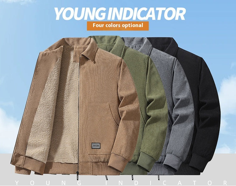 Fall/Winter New Men's Jacket Corduroy Polo Collar Solid Color Casual Middle-Aged Fleece Lined Thick Warm Jacket