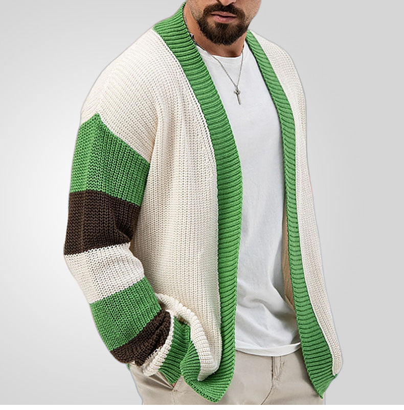 Men's Knitwear Green Edge V-neck Cardigan Loose Contrast Color Woolen Cardigan Coat Thickened Thick Needle Sweater