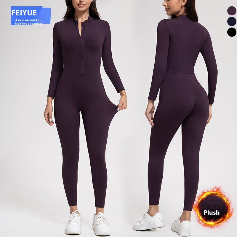 Yoga Pants Women Zipper Fleece-lined Yoga Jumpsuit High-Intensity Exercise Nude Feel Tights