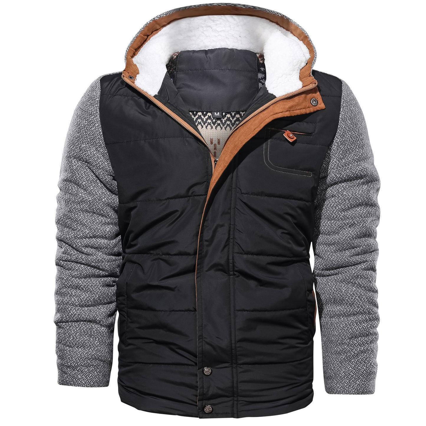 Fashion Men's Hooded Cotton Warm Windproof with zipper Trendy Color-Block Jacket Plus Size