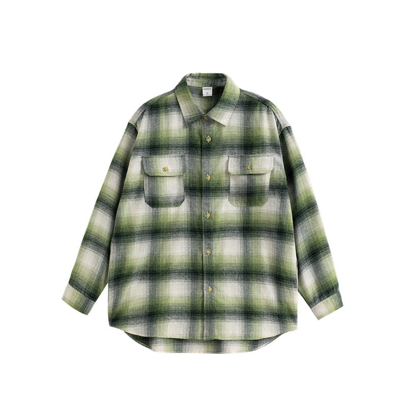 Men's Shirts New  Gradient Plaid Shirt Classic Retro Checkered Cotton Pocket Top