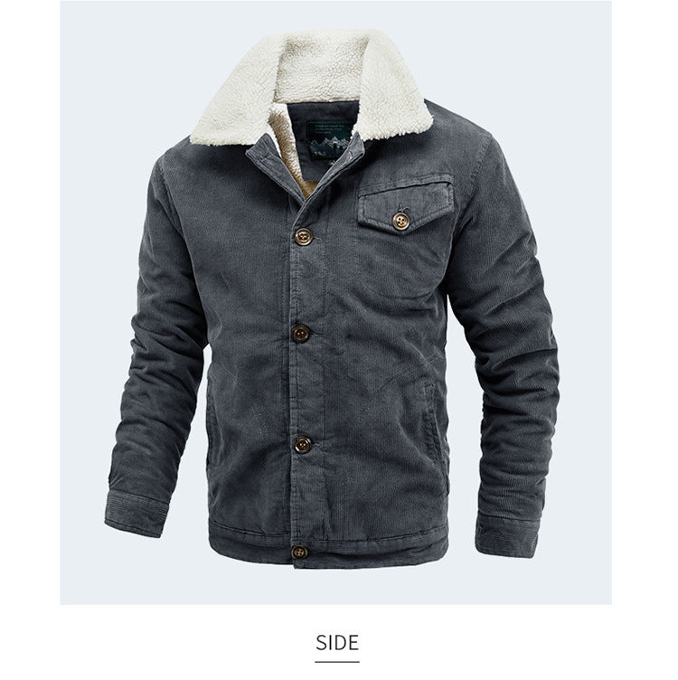 Men's Casual Jacket Corduroy Fur Collar Thermal and Windproof Fleece-lined Solid Color Button Design