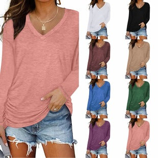 Women's Spring Summer Waffle Knit Crew Neck Patchwork Pullover Long Sleeve T-Shirt Casual Loose Top