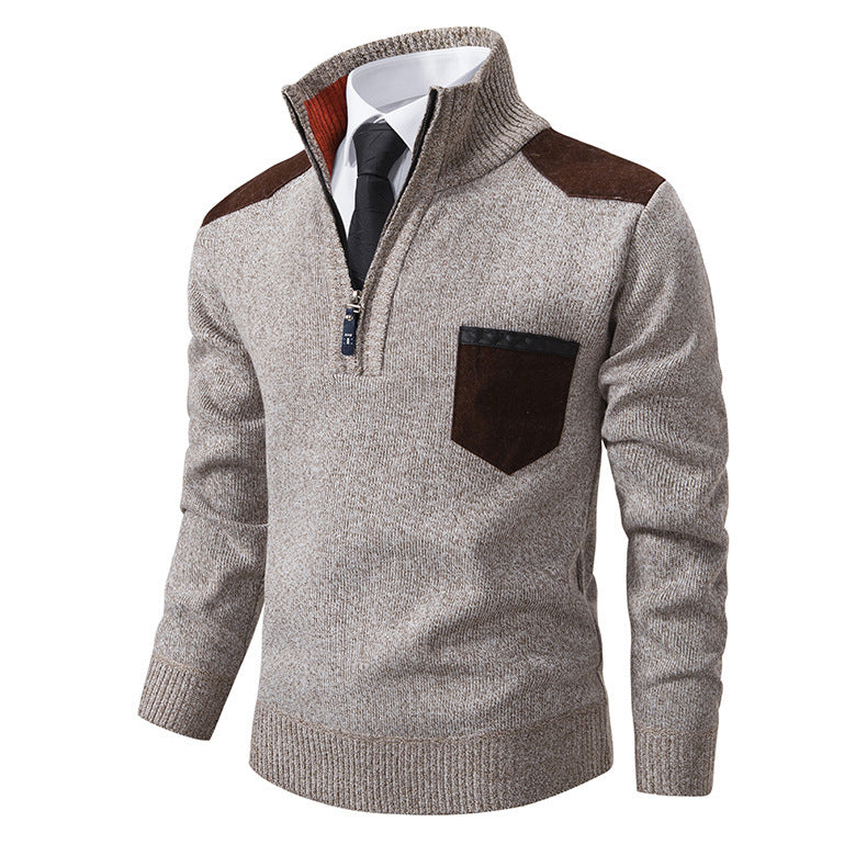 Men's knitted sweater with hood and half zipper cardigan, stand-up collar, plaid, thick and warm, M-3XL